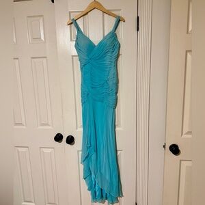 Vintage NITELINE Silk Ruched Long Dress | Sz 2 | Aqua Blue Gown